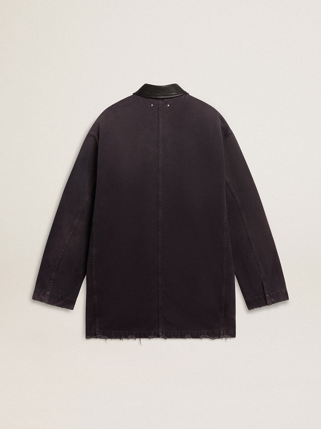 Men's denim jacket with distressed details and leather collar
