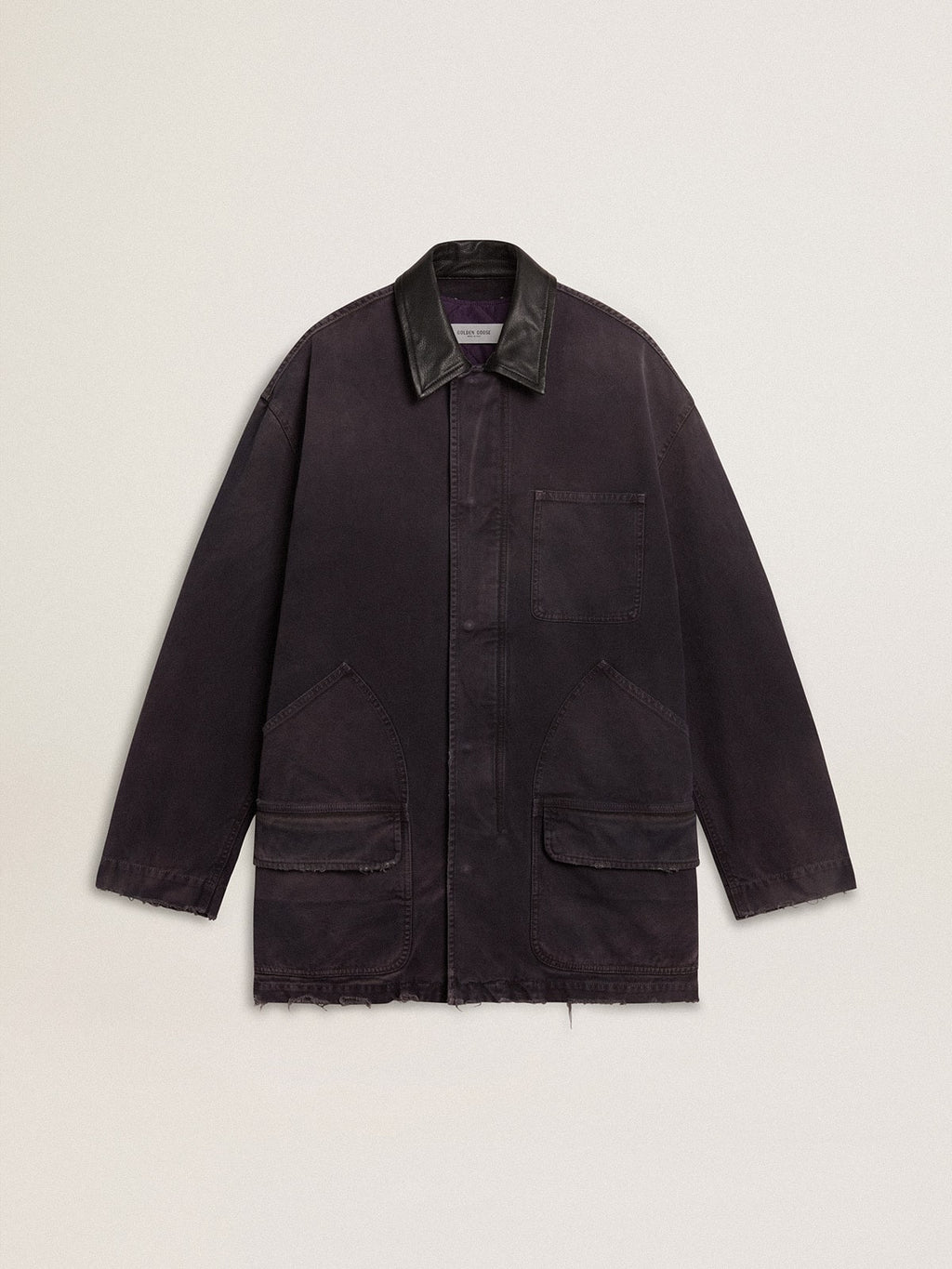 Men's denim jacket with distressed details and leather collar