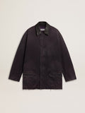 Men's denim jacket with distressed details and leather collar