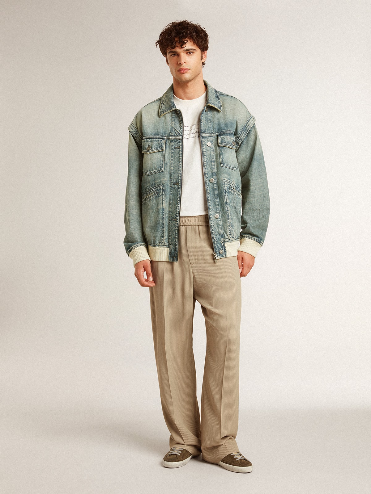 Men's washed denim jacket with wool blend ribbing