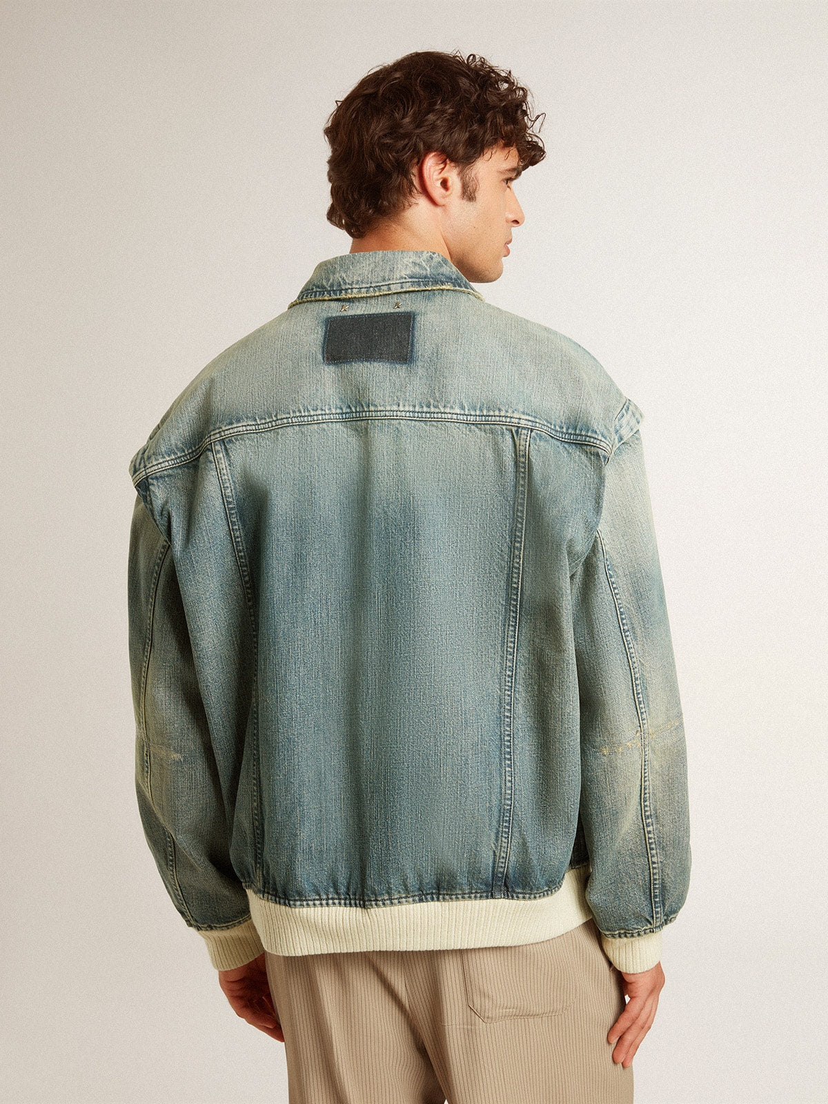 Men's washed denim jacket with wool blend ribbing