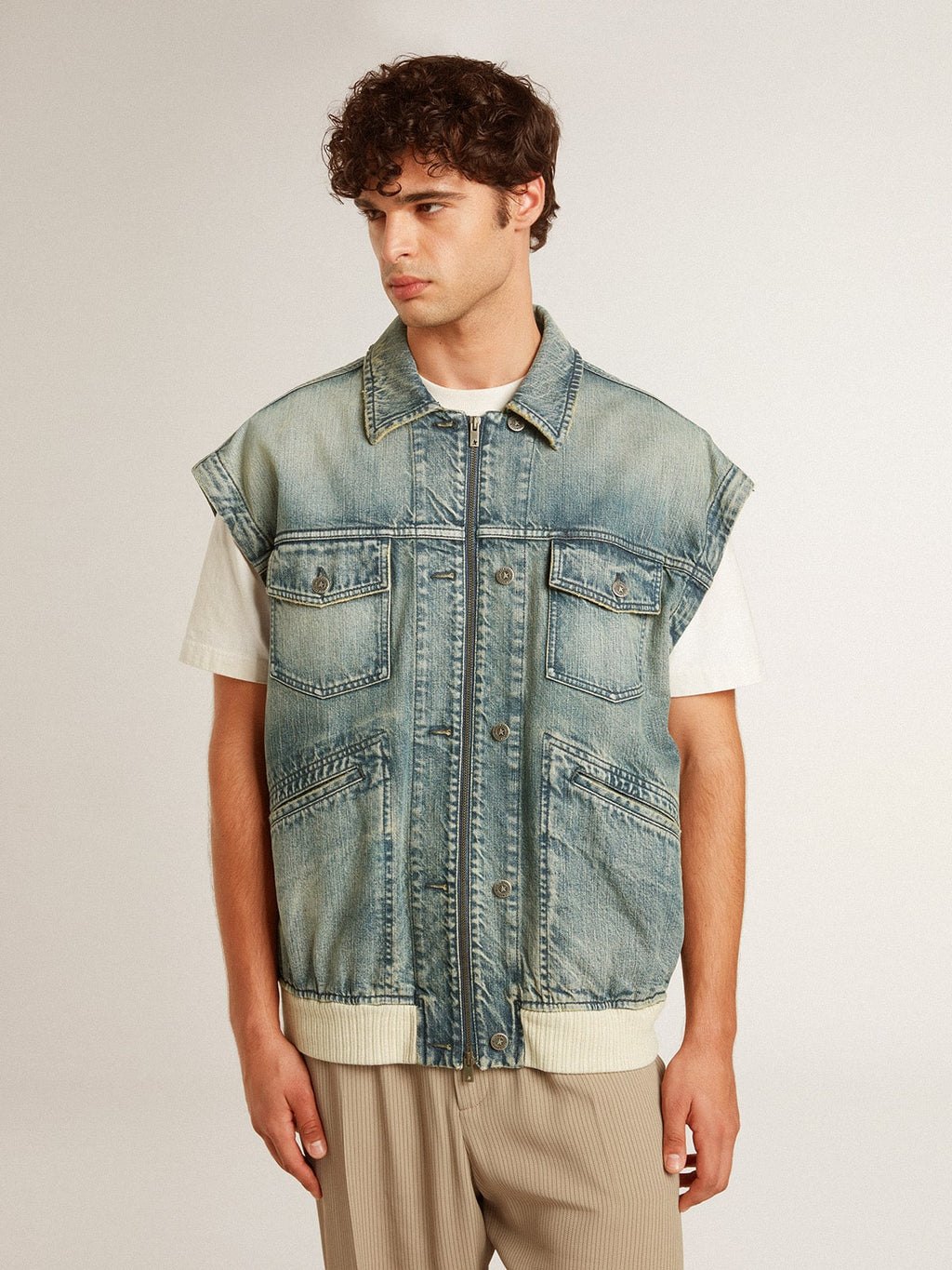 Men's washed denim jacket with wool blend ribbing