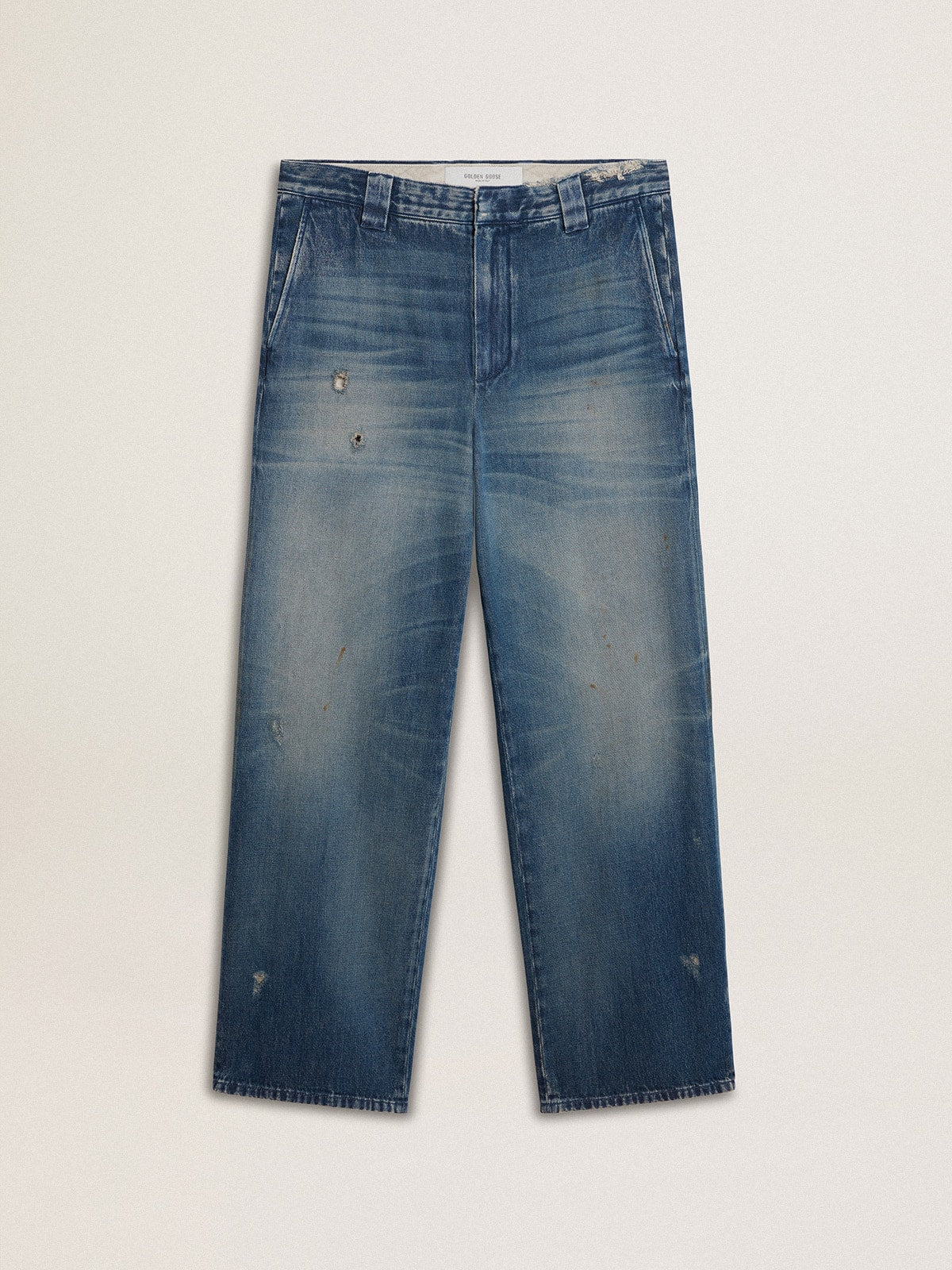 Men's denim chinos with distressed details
