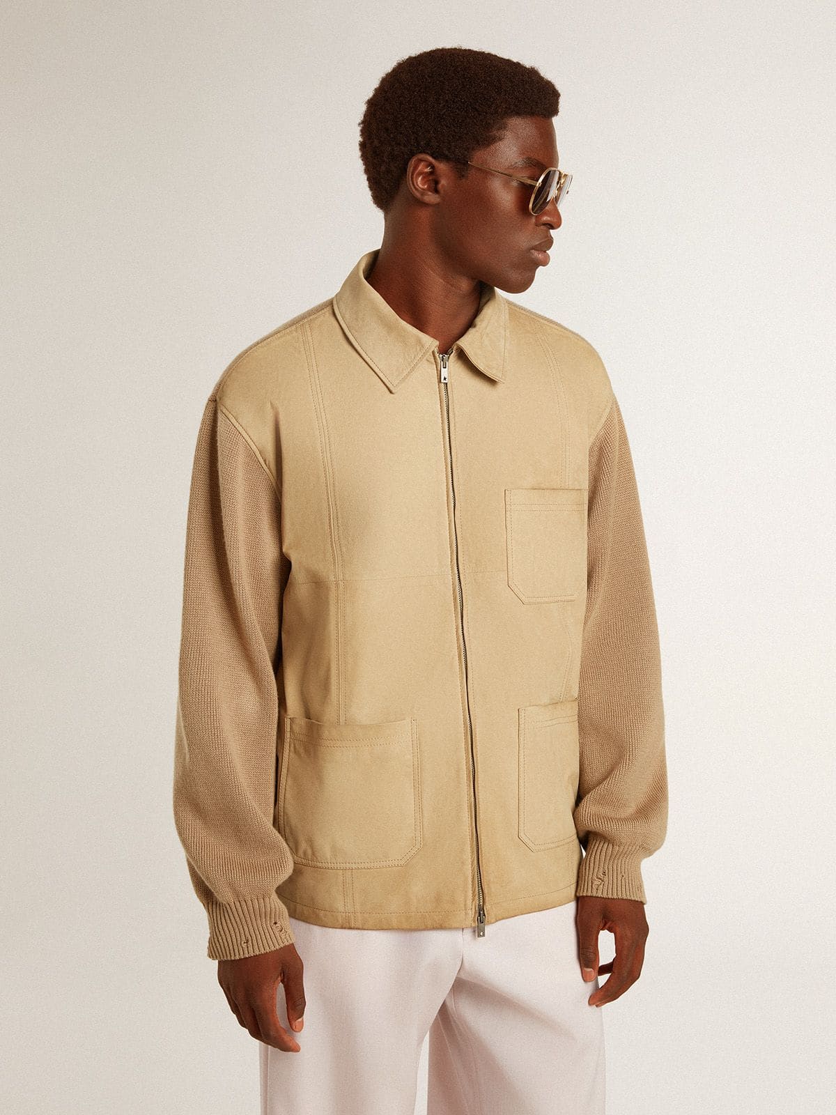Men's jacket in travertine-colored nubuck leather with wool-blend sleeves and back