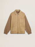 Men's jacket in travertine-colored nubuck leather with wool-blend sleeves and back