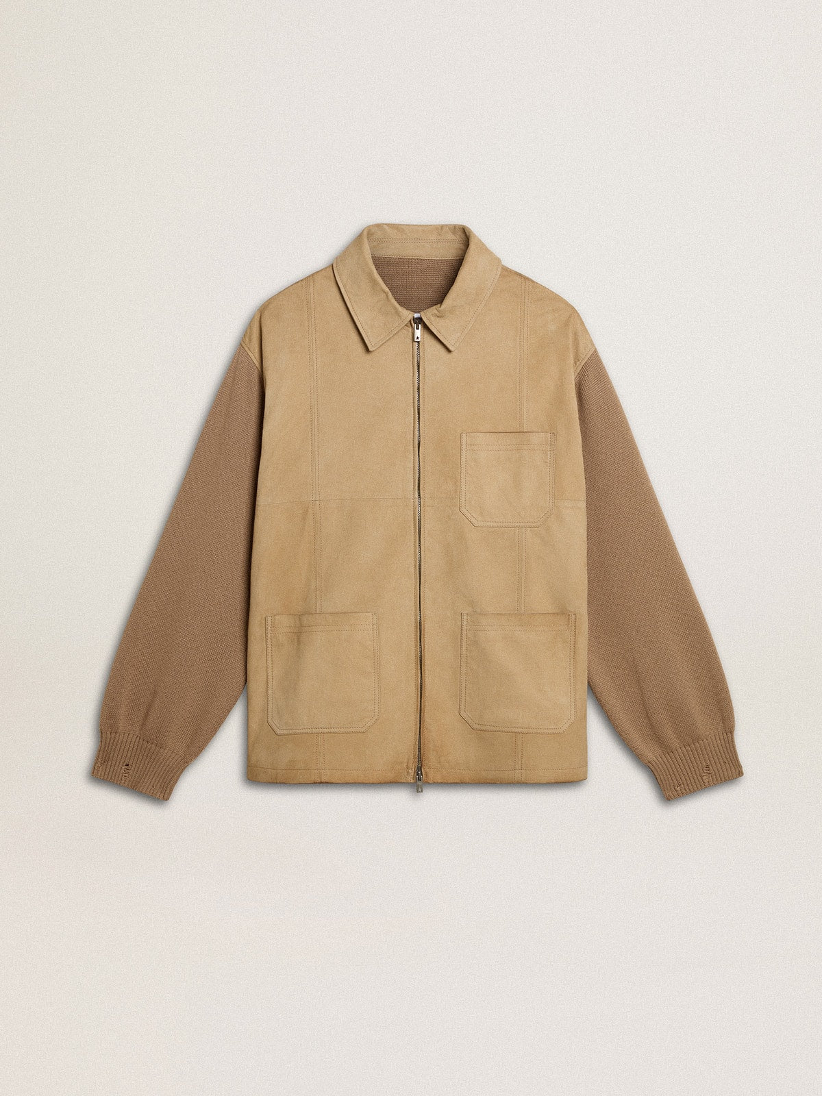 Men's jacket in travertine-colored nubuck leather with wool-blend sleeves and back