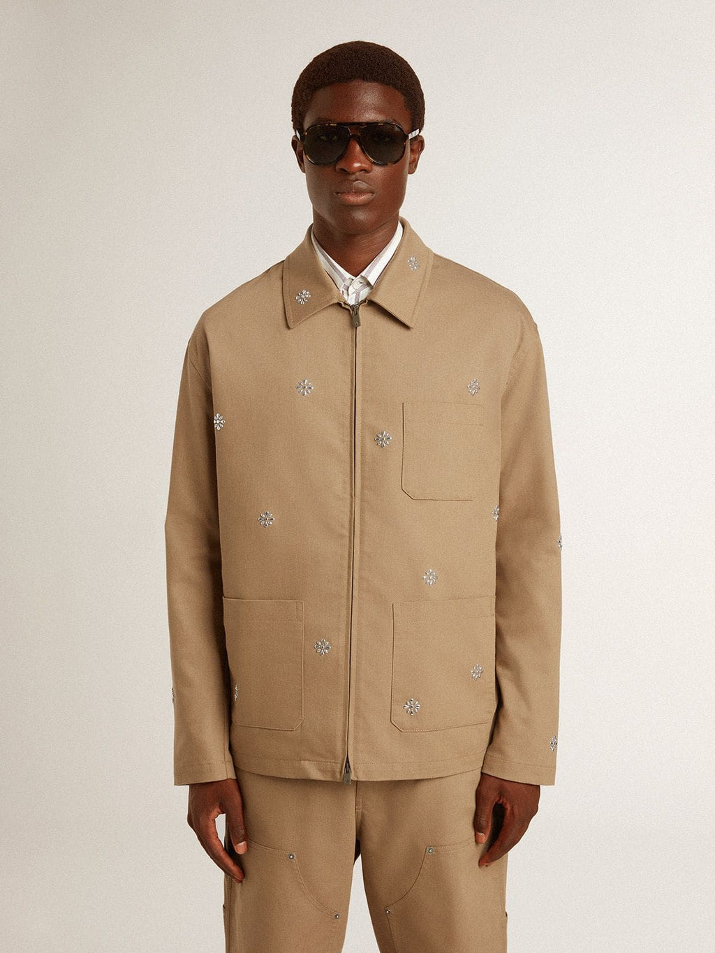 Men's beige jacket with floral embroidery and full zip