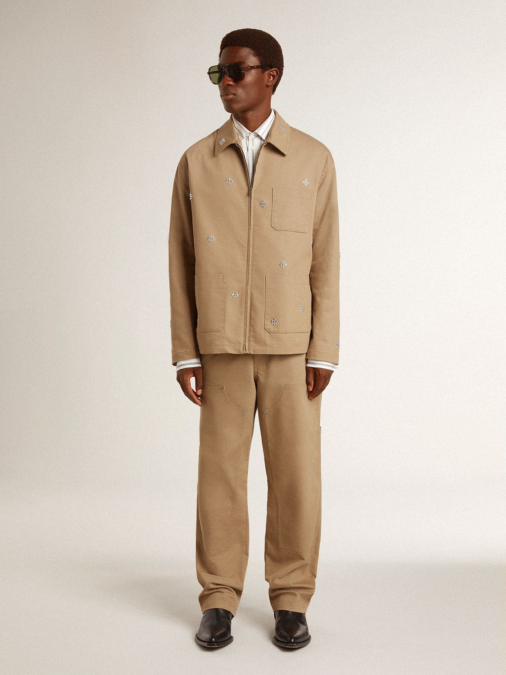 Men's beige jacket with floral embroidery and full zip