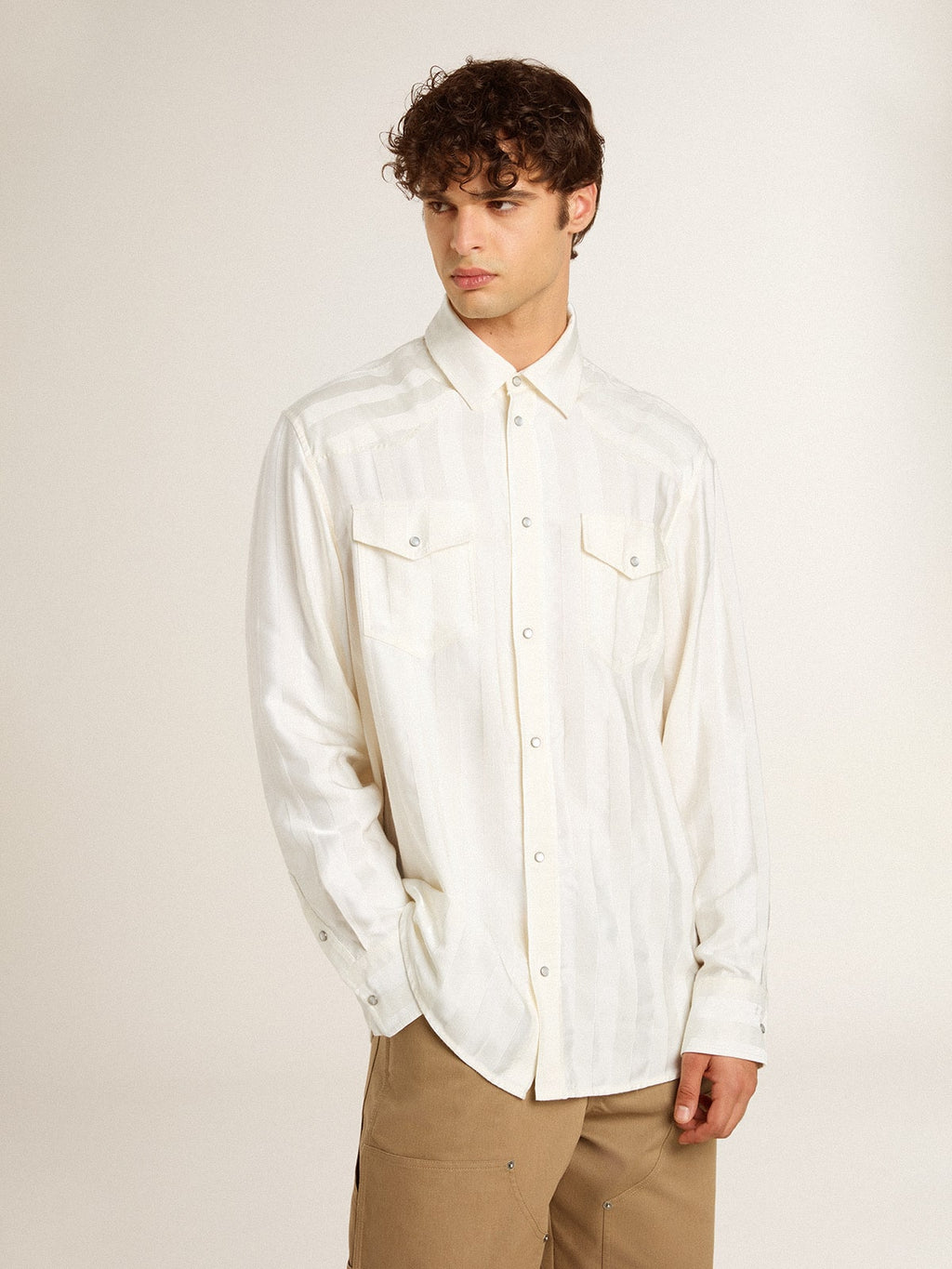 Men’s oversized worn-white shirt with vertical stripes