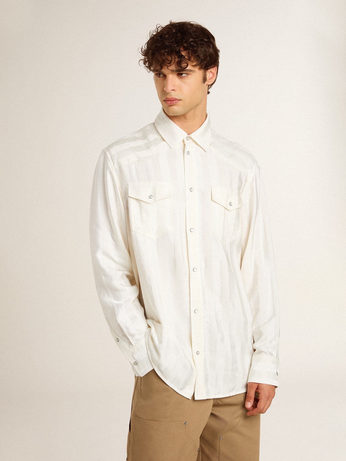 Men’s oversized worn-white shirt with vertical stripes