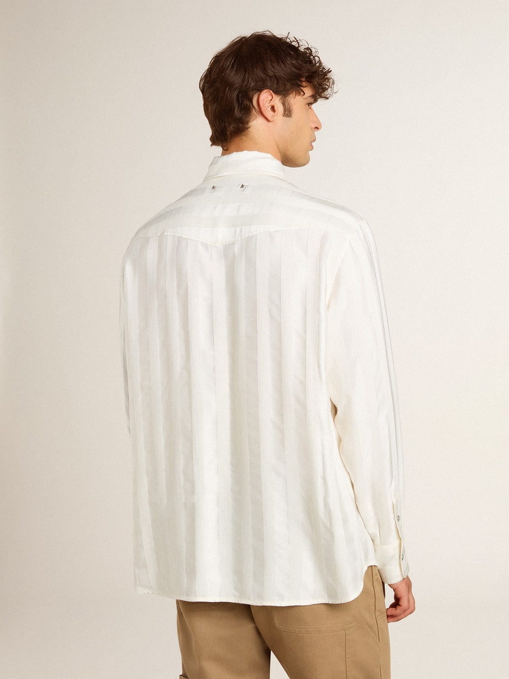 Men’s oversized worn-white shirt with vertical stripes