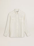 Men’s oversized worn-white shirt with vertical stripes