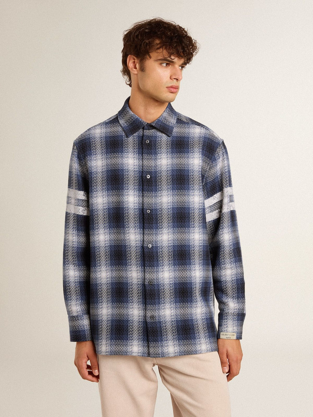 Men's blue 3D checkered shirt with print on the back