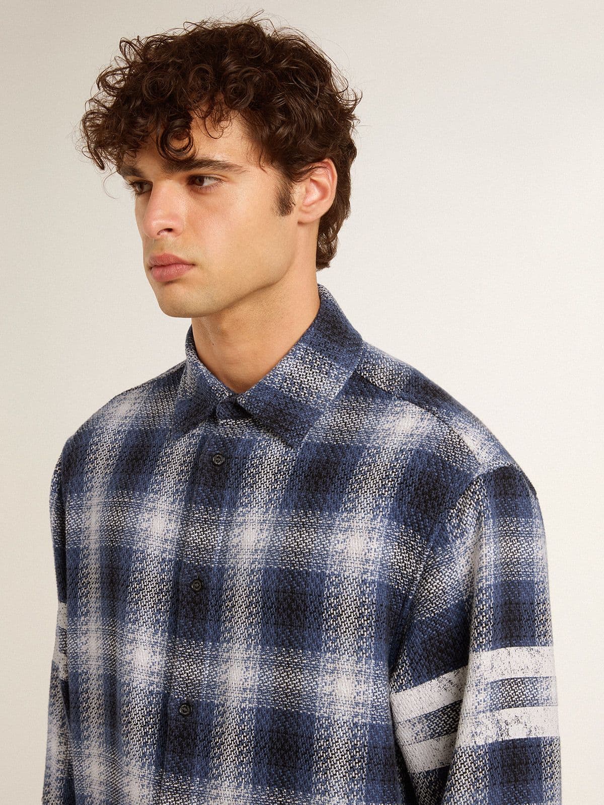 Men's blue 3D checkered shirt with print on the back