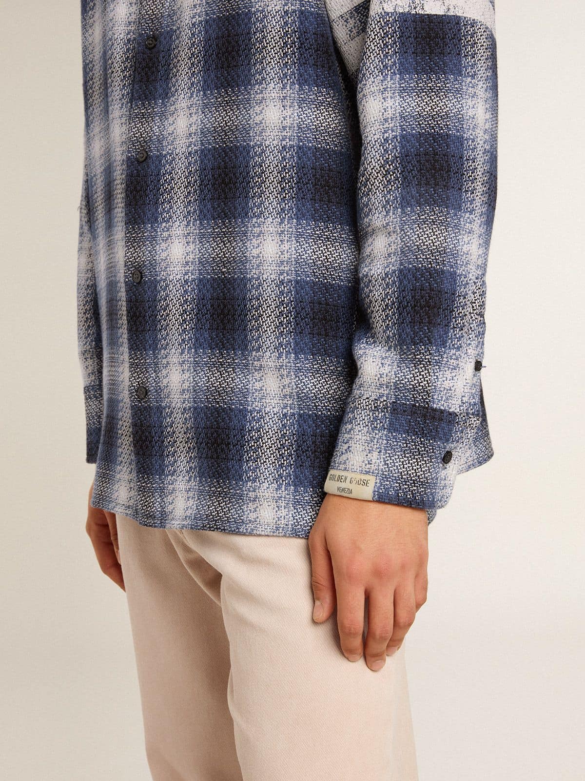 Men's blue 3D checkered shirt with print on the back