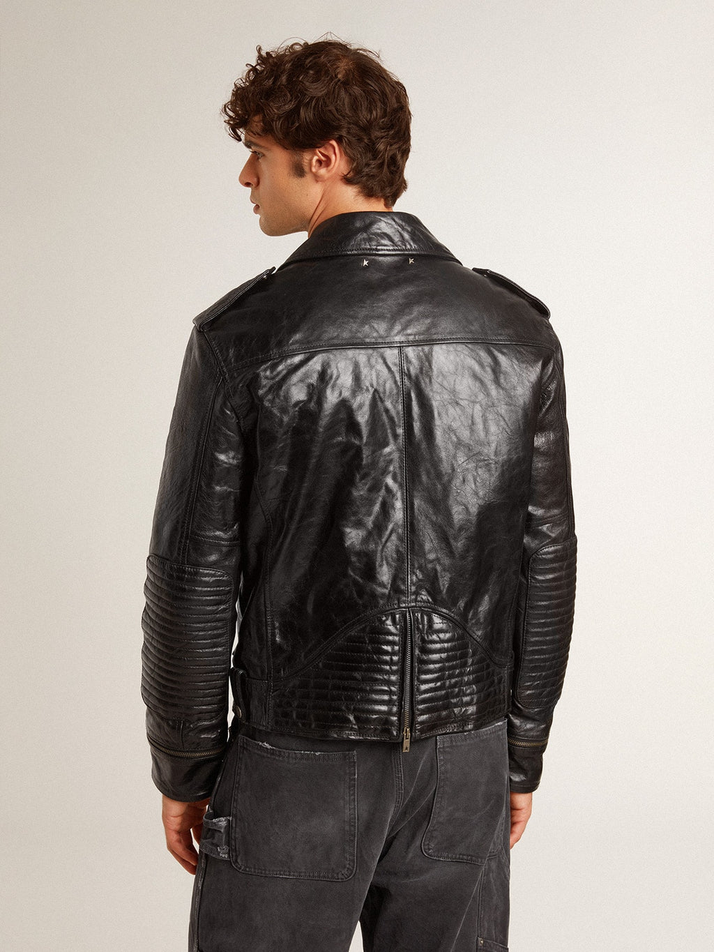 Men’s black leather biker jacket with glossy effect