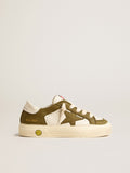 May Teen in white and military green leather