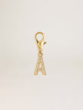 Letter A charm in gold-colored brass with crystals