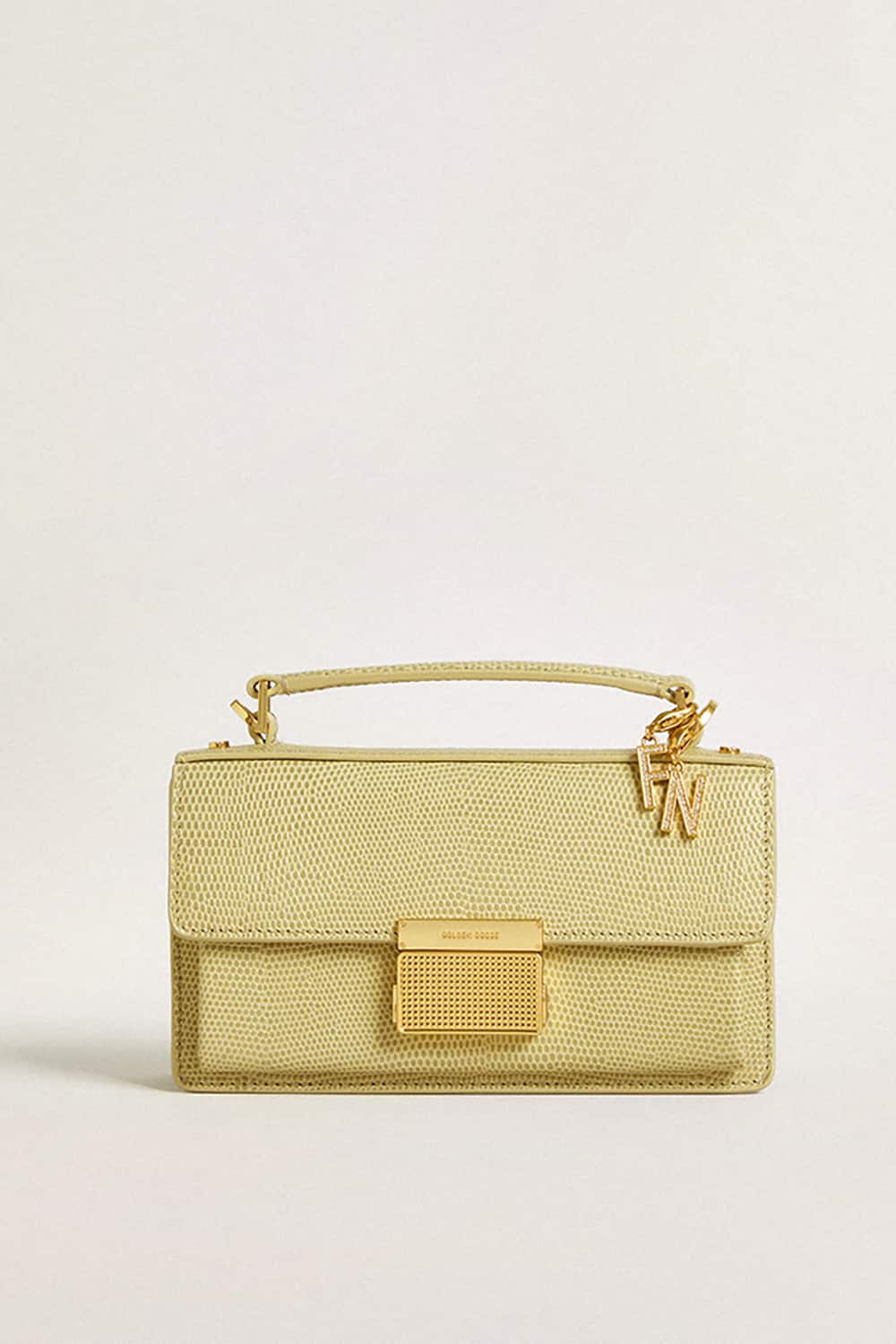Letter F charm in gold-colored brass with crystals