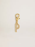 Letter P charm in gold-colored brass with crystals