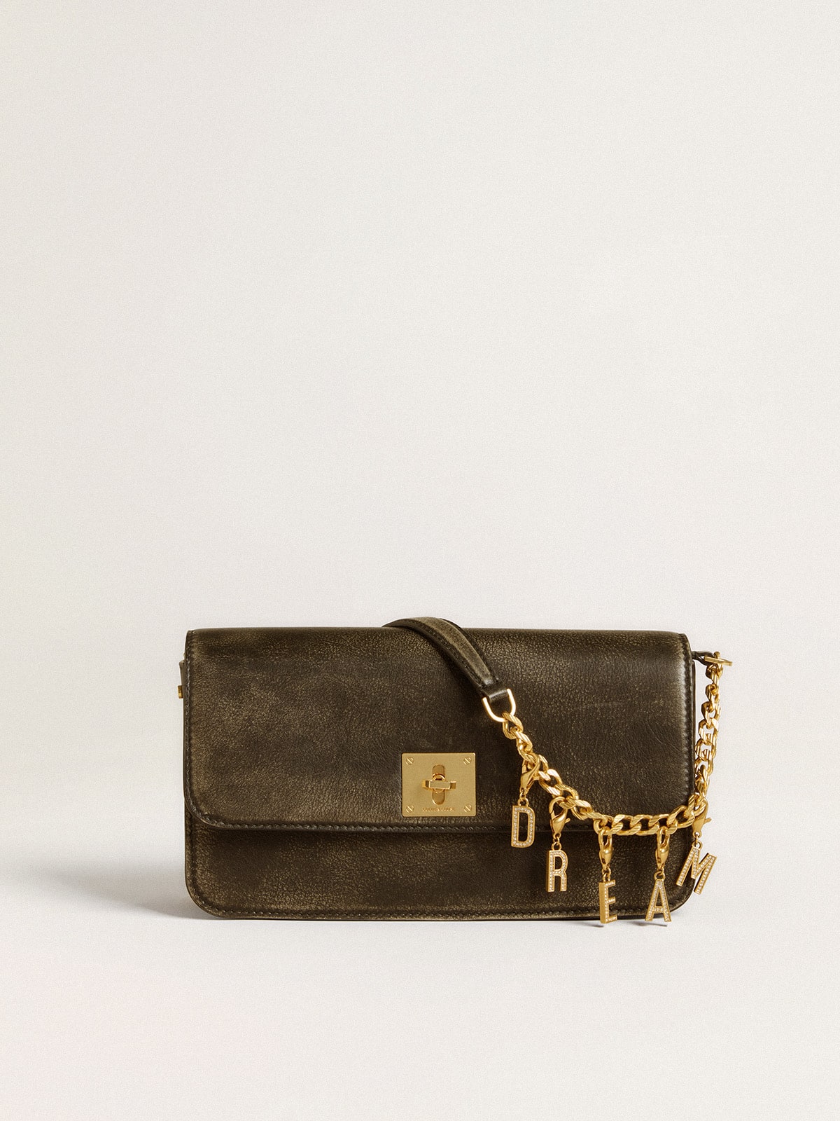 Letter R charm in gold-colored brass with crystals