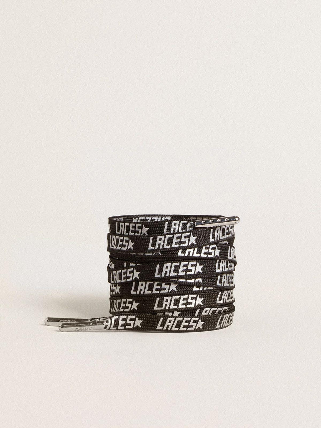 Black laces with silver lettering