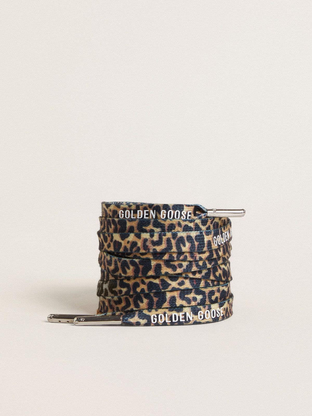 Beige leopard-print laces with contrasting white logo