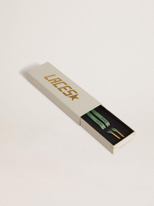 Aqua-green Lurex laces with contrasting black logo