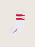 White socks with distressed details and red stripes