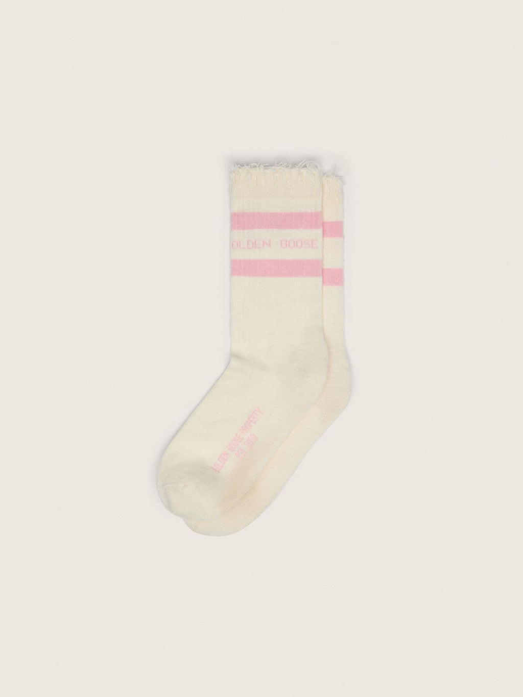 Distressed-finish white socks with baby-pink logo and stripes