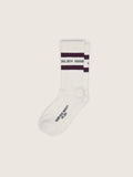 Worn-white socks with distressed details and brown stripes
