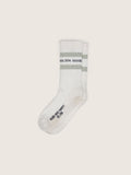 White socks with distressed details and gray stripes