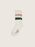 Worn-white socks with distressed details and pink and green stripes