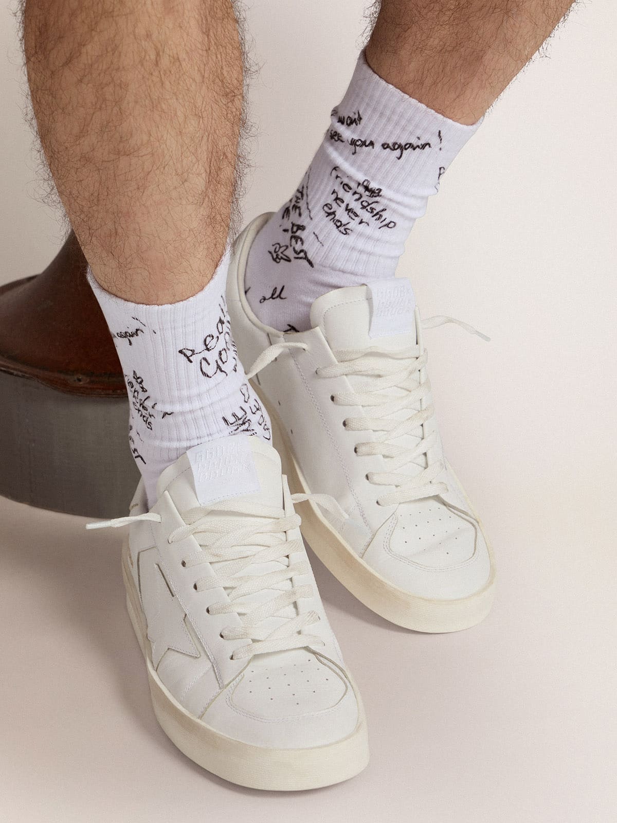Optical white socks with black lettering