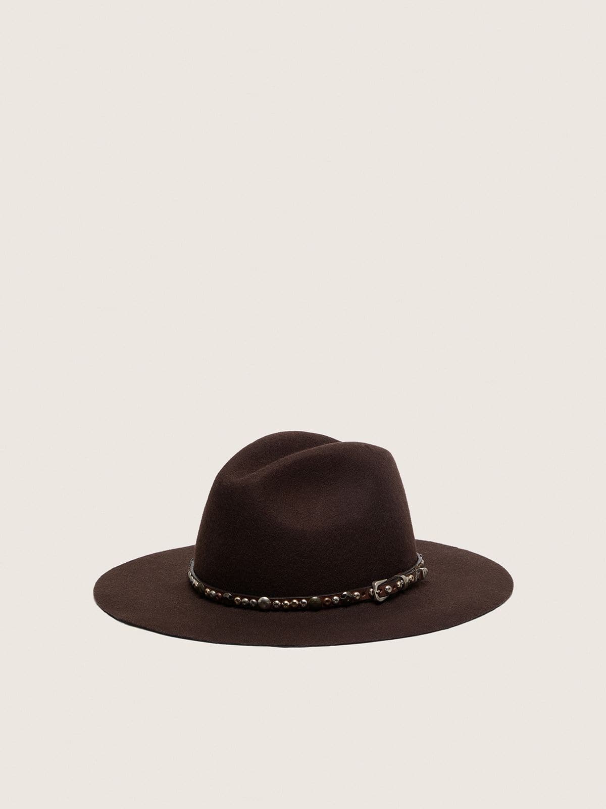 Coffee-brown hat with studded leather strap
