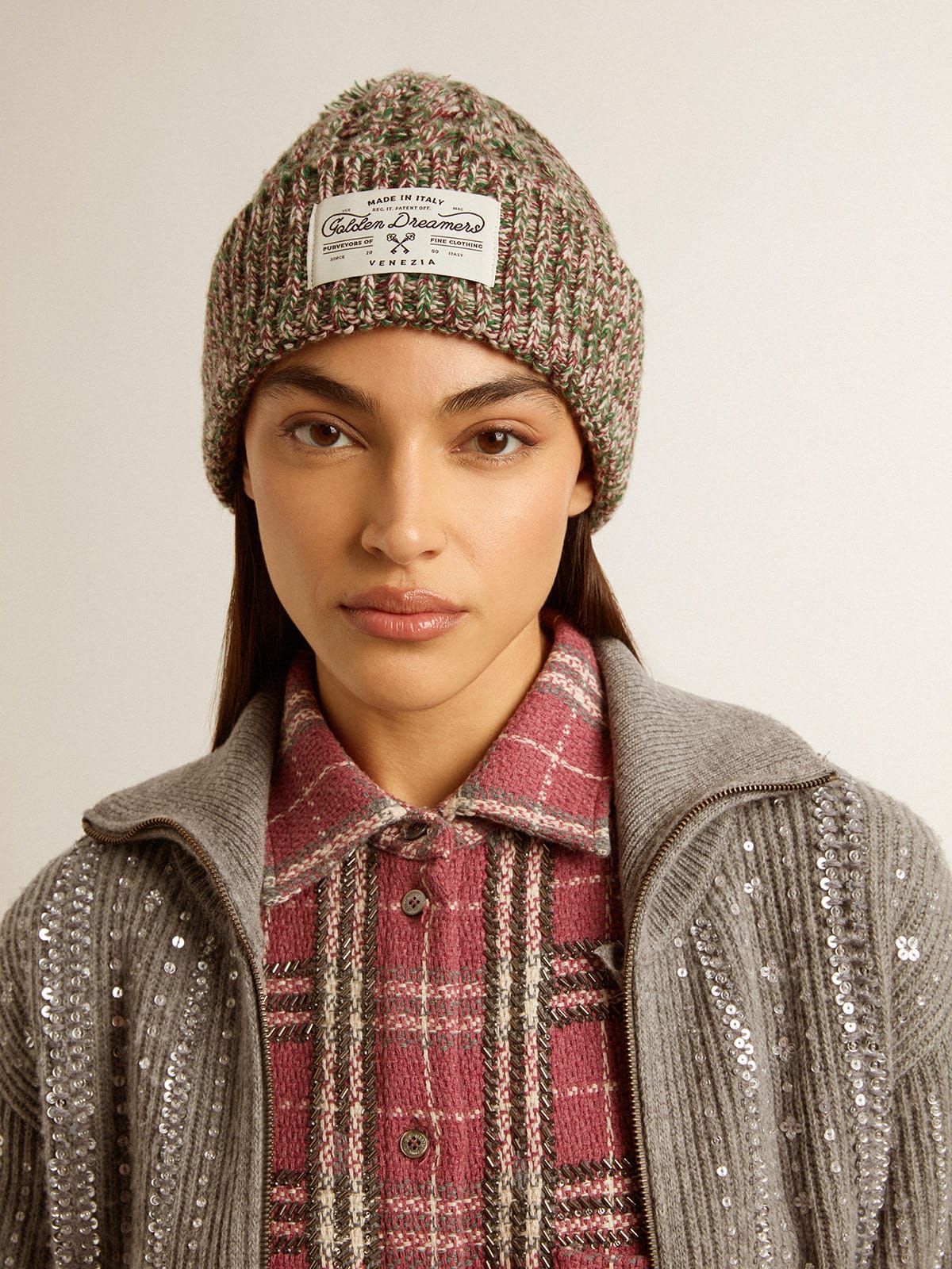 Multicolored wool beanie with pompom