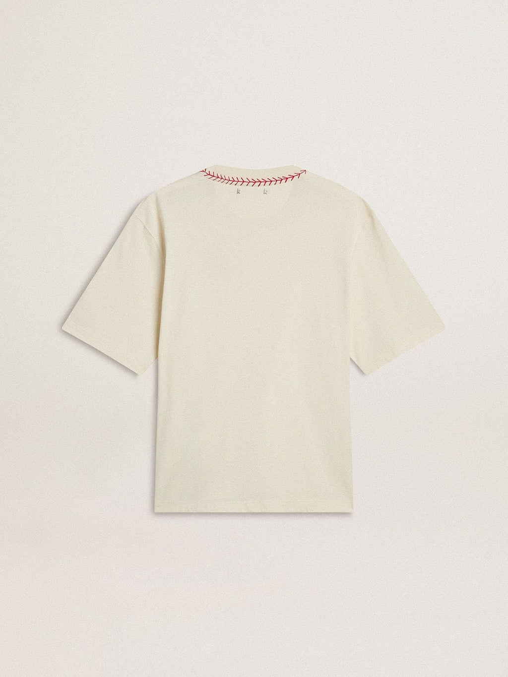 CNY worn-white sleeveless T-shirt with red embroidery