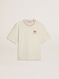 CNY worn-white sleeveless T-shirt with red embroidery