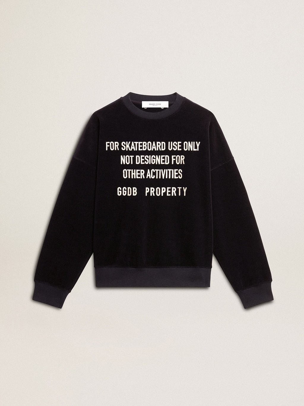Black crew neck sweatshirt with embroidered lettering