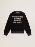 Black crew neck sweatshirt with embroidered lettering