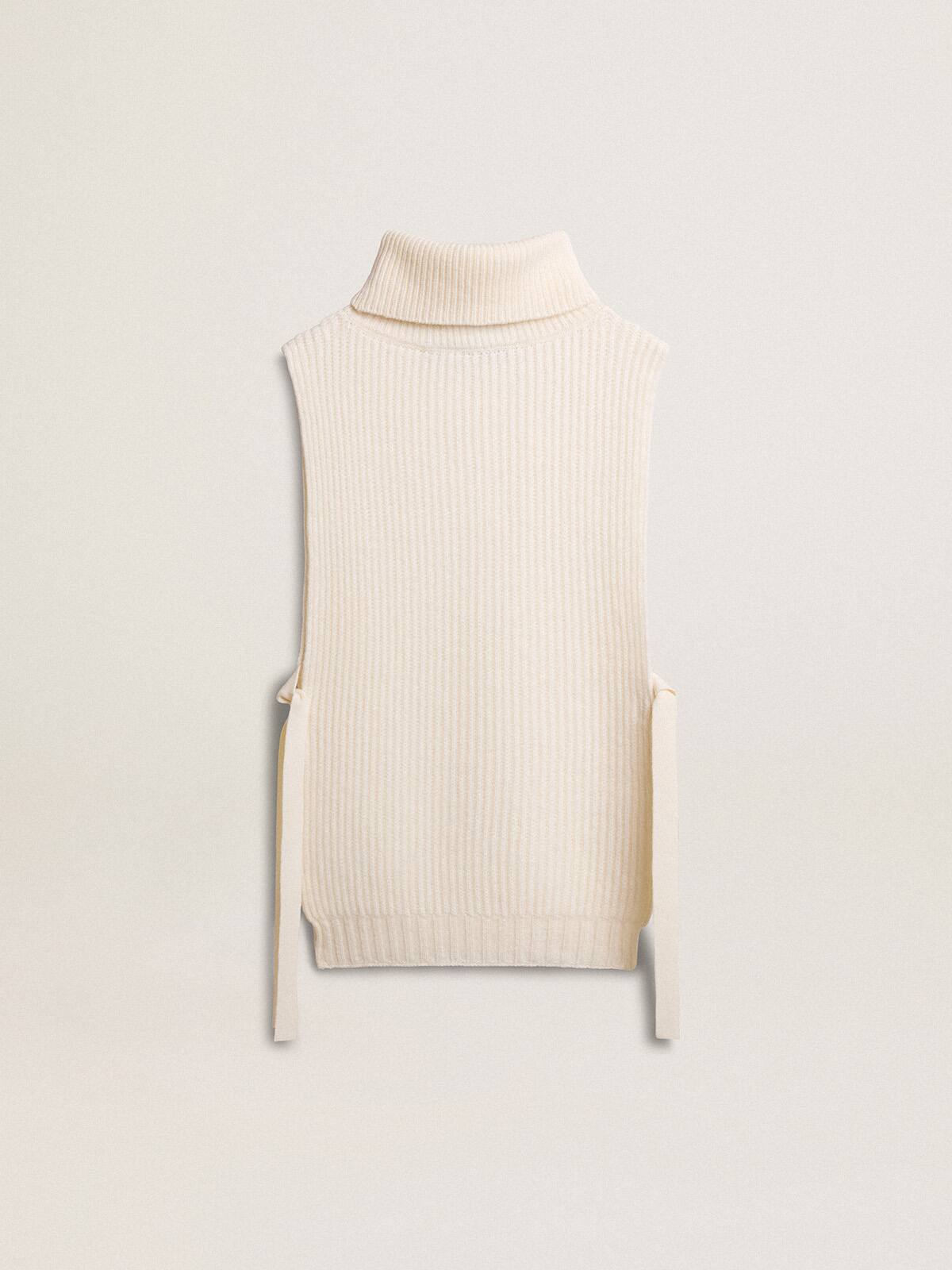 Unisex white high-neck sleeveless sweater in ribbed wool