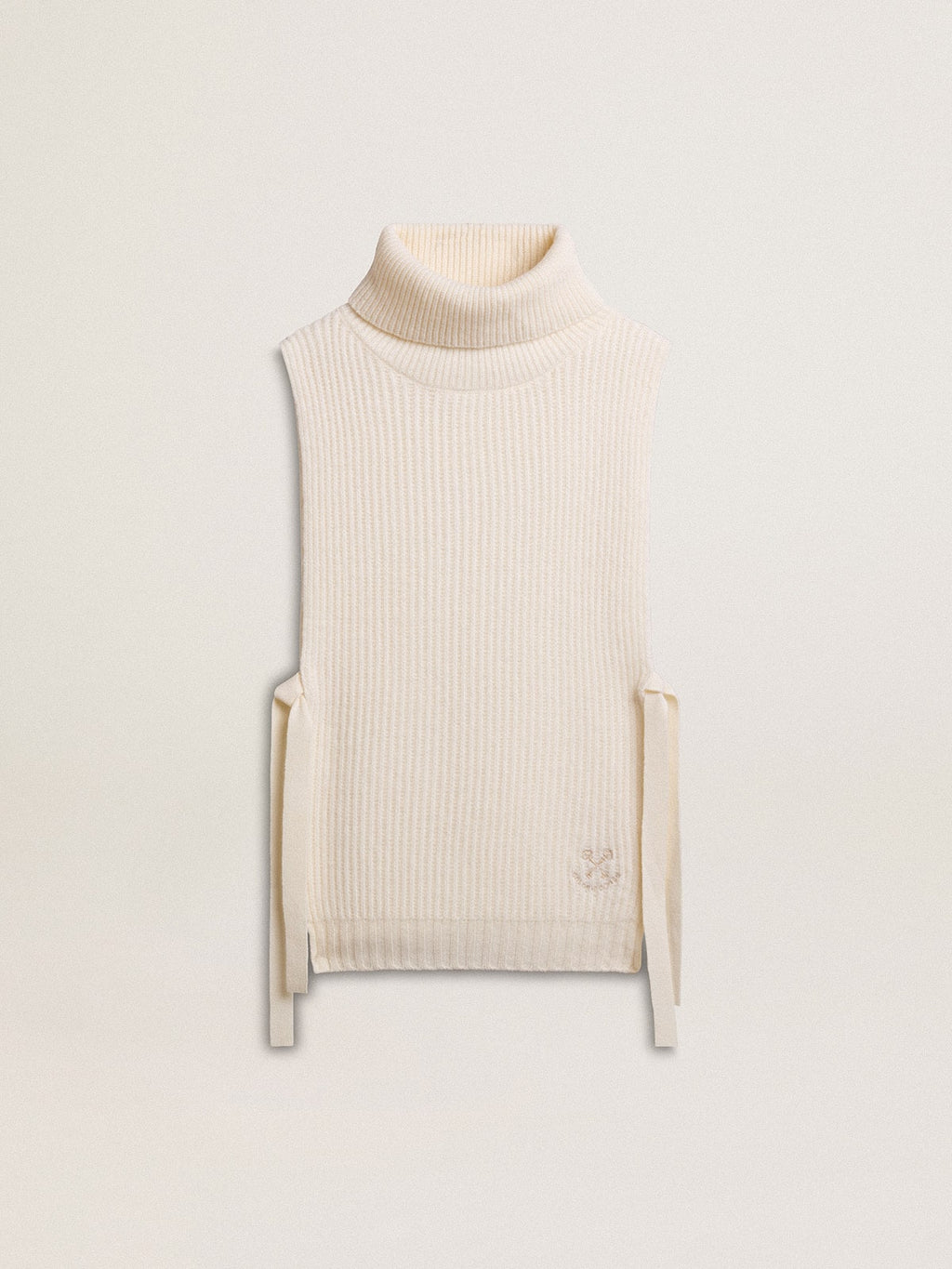 Unisex white high-neck sleeveless sweater in ribbed wool