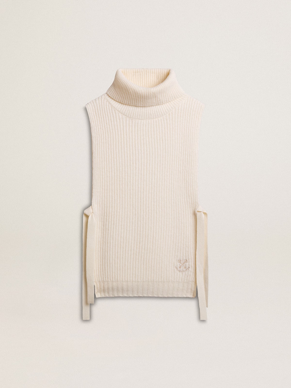 Unisex white high-neck sleeveless sweater in ribbed wool