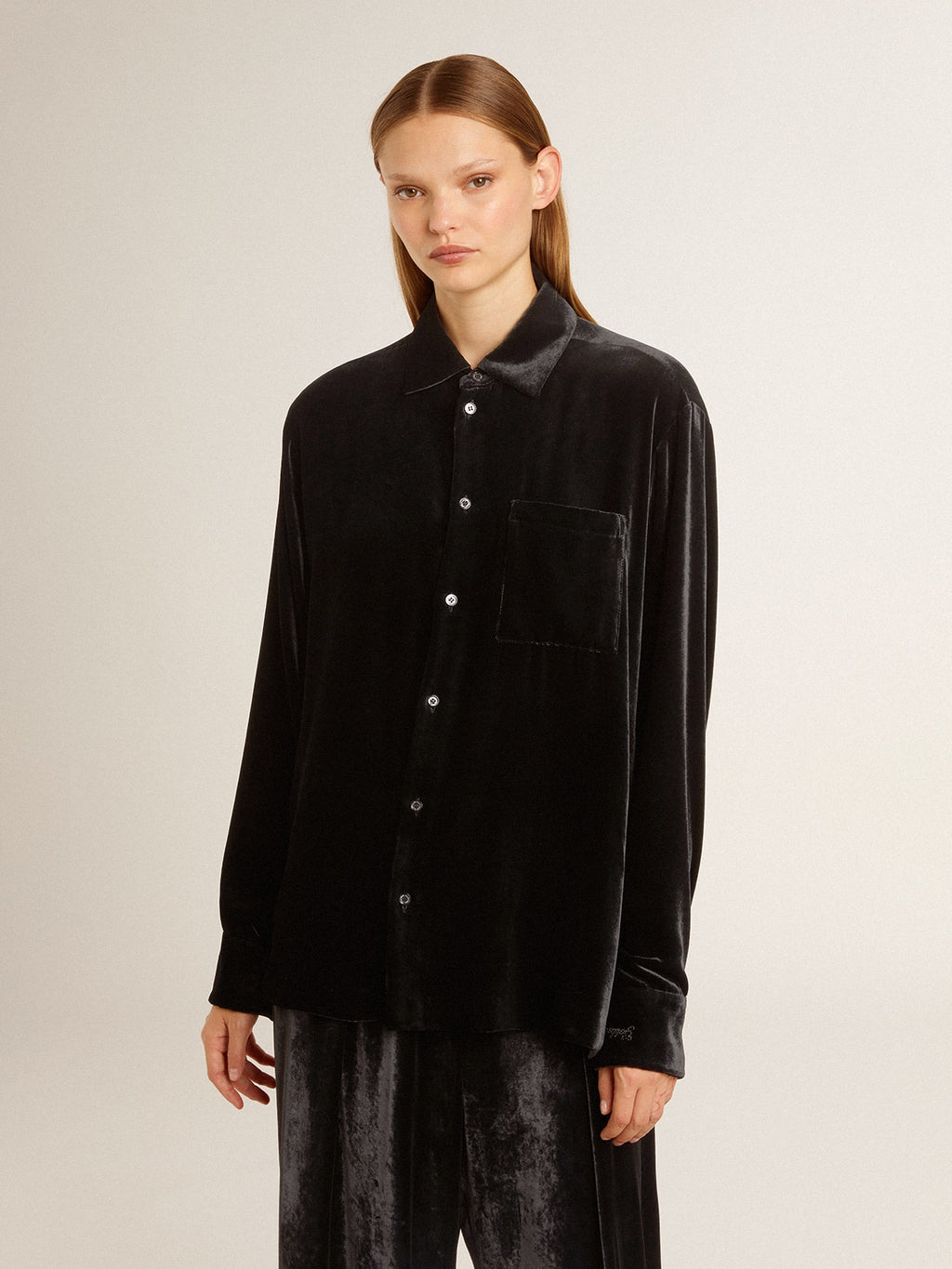Velvet-effect black shirt with embroidery
