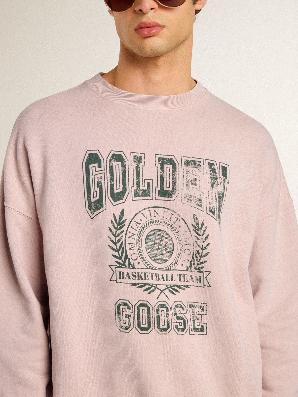 Old rose unisex round neck sweatshirt with green logo print