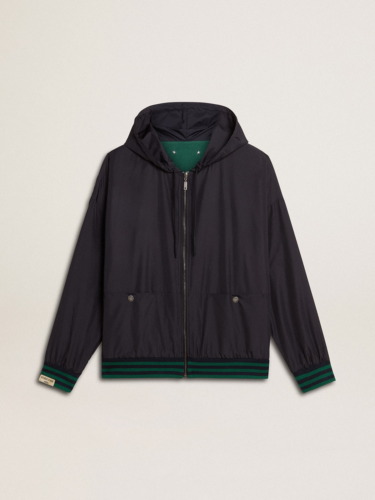 Men's green and blue reversible hooded sweatshirt