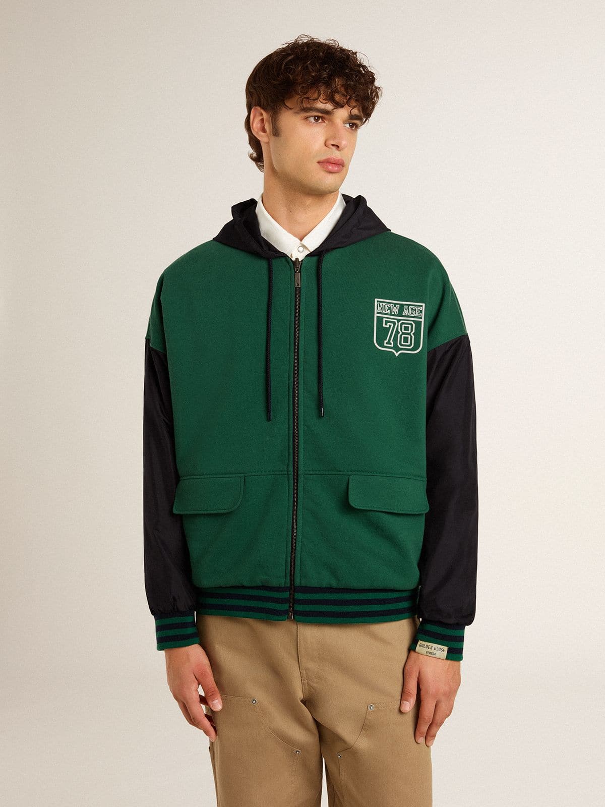 Men's green and blue reversible hooded sweatshirt