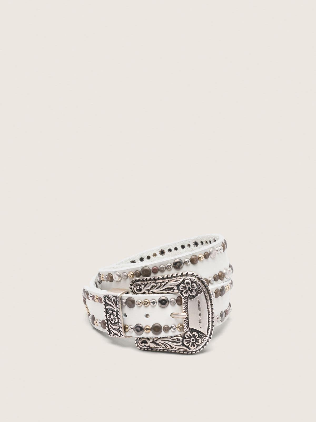 Women's belt in white leather with colored studs