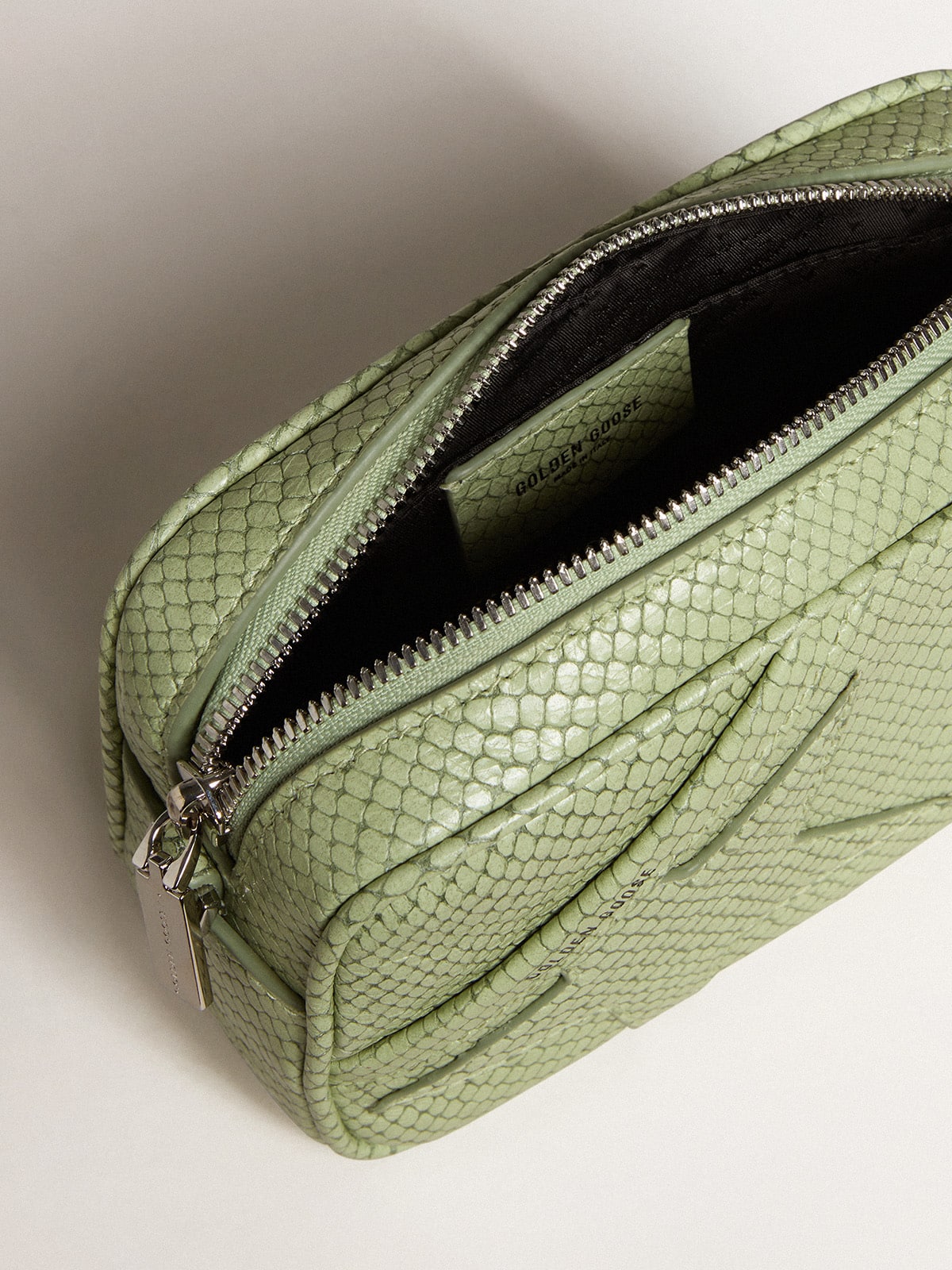 Mini Star Bag in light green snake-print leather