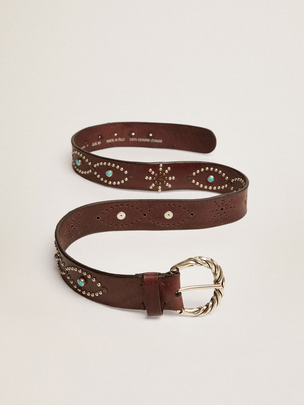 Women's belt in dark brown leather with colored studs